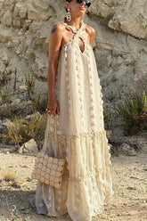 Sweet By The Sea Flower Decor Halter Party Maxi Dress