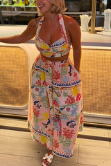 Multicolor Printed V Neck Halter Top and Midi Button-down Skirt Set