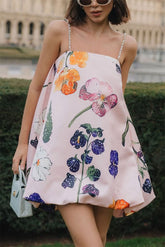 Whimsical Charm Wildflowers Print Embellished Shoulder Straps Bubble Hem A-line Mini Dress