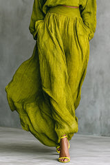 Linen Blend Solid Color Loose Long-sleeved Top and High-waisted Casual Pocket Maxi Skirt Set