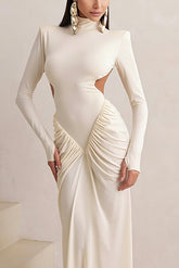 Backless High-neck Long-sleeved Fitted Draped Maxi Dress