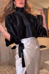 Elegant High-neck Long-sleeved Loose Top and Cross-strap High-slit Maxi Skirt Set