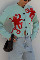 Coastal Knit Octopus Graphic Contrast Piping Button Up Loose Cardigan