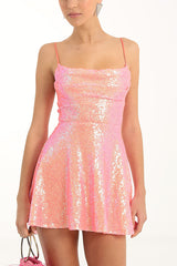 and Sequin Sling Backless Lace-up Mini Dress