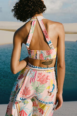 Multicolor Printed V Neck Halter Top and Midi Button-down Skirt Set