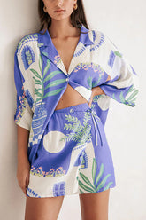Balmy Nights Unique Print Loose Shirt and Elastic Waist Wrap Lace-up Skirt Set