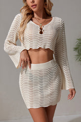 Solid Color V-neck Long-sleeved Cropped Top and Stretch Beach Mini Skirt Knitted Cover-up Set