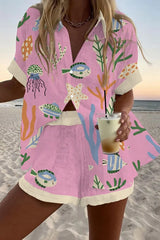 Aquatic Creature Print Loose Button Elastic Waist Shorts Set