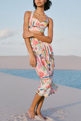 Multicolor Printed V Neck Halter Top and Midi Button-down Skirt Set