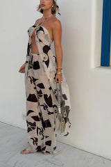 Adrenia Unique Print Metal Starfish Front Slit Halter Tank and Elastic Waist Loose Pants Set