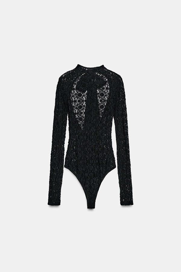 Anna Semi-sheer Lace Long Sleeve Back Bow Tie-up Cutout Stretch Bodysuit
