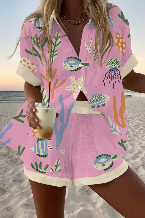 Aquatic Creature Print Loose Button Elastic Waist Shorts Set