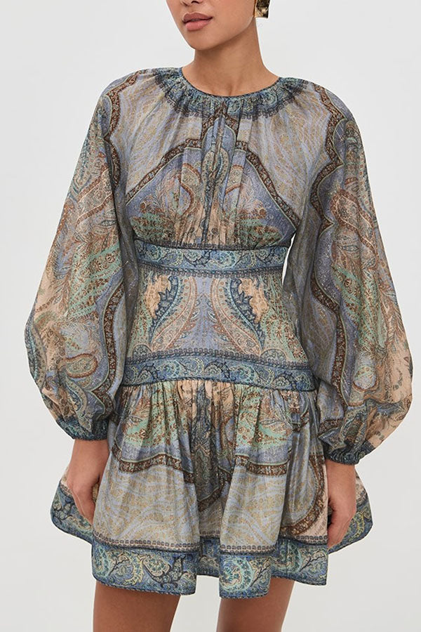 Exotic Style Paisley Print Long Balloon Sleeve Smocked Waist Mini Dress