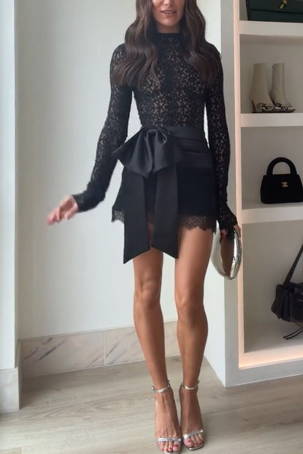 Anna Semi-sheer Lace Long Sleeve Back Bow Tie-up Cutout Stretch Bodysuit