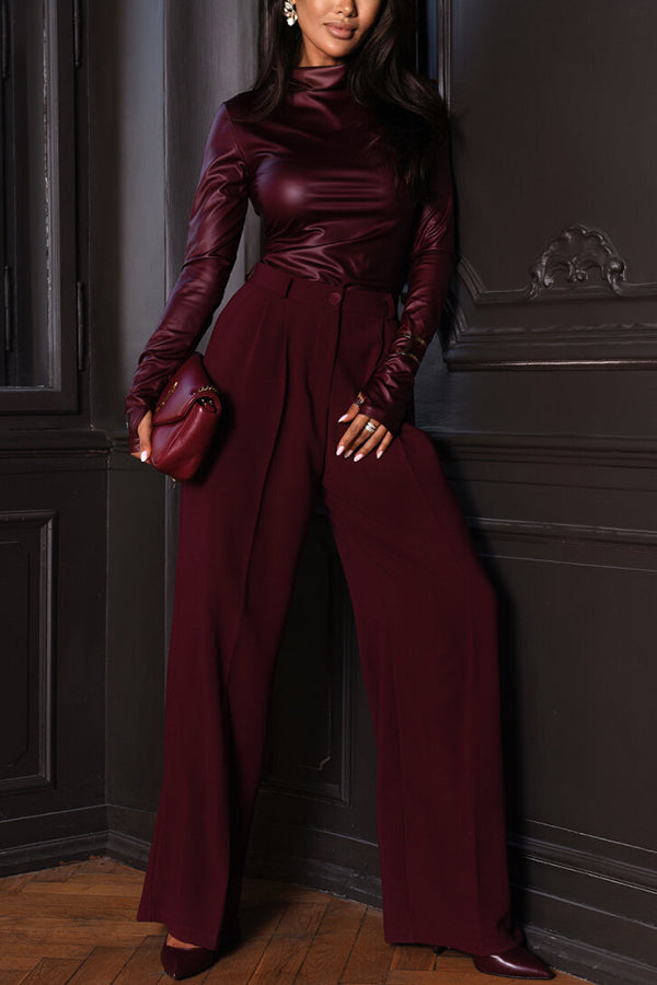 Attention Here Faux Leather High Neck Long Sleeve Stretch Top