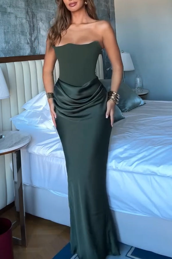 Attend The Gala Strapless Corset Satin Ruched Hip Drape Maxi Dress