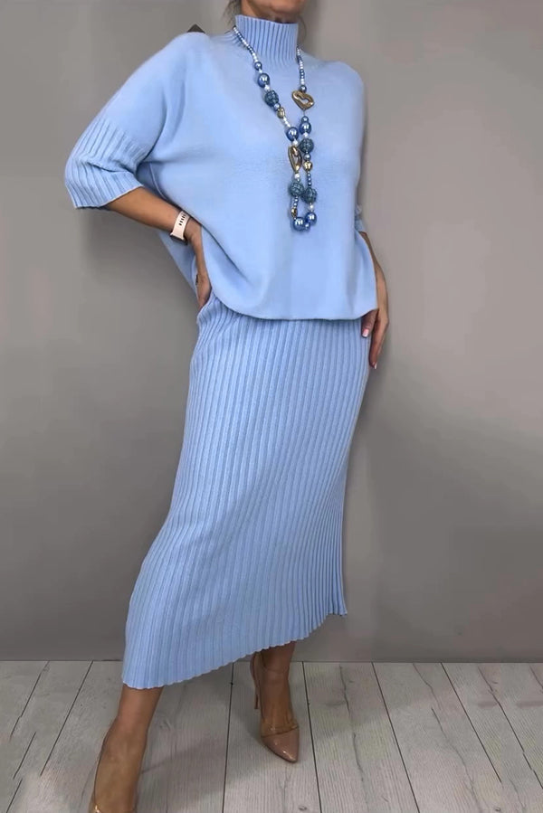 Solid Color Loose-fitting Turtleneck Knit Sweater and Stretchy Elegant Midi Skirt Set
