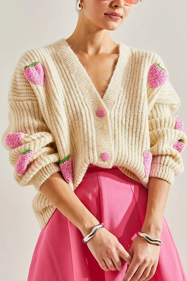 and Sweet V-neck Strawberry Embellished Knitted Cardigan