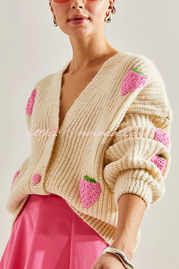 and Sweet V-neck Strawberry Embellished Knitted Cardigan