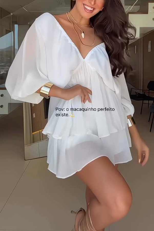 Verne Chiffon Batwing Sleeve Elastic High Waist  Layered Hem Loose Mini Dress