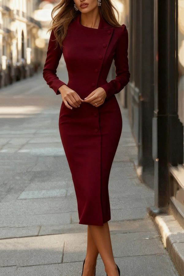Asymmetrical Single-breasted Elegant Slim-fit Midi Dress