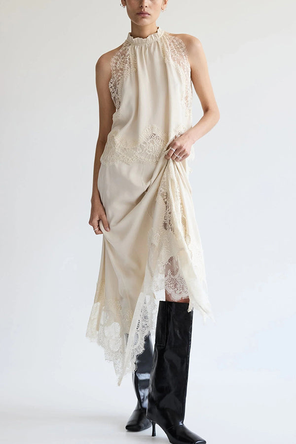 Modern Muse Satin Lace Trim Pleated Neck Top and A-line Irregular Slit Skirt Set