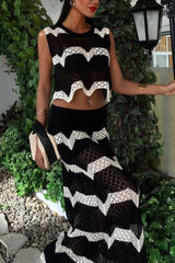 Black and White Color-blocked Sleeveless Cropped Top and Stretchy Knit Maxi Skirt Set