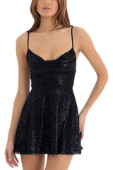 and Sequin Sling Backless Lace-up Mini Dress