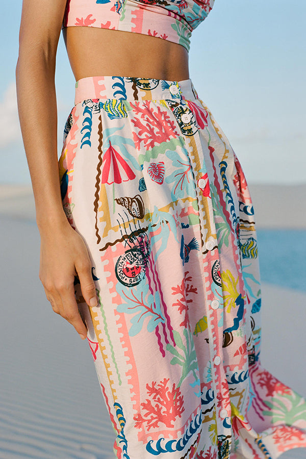 Multicolor Printed V Neck Halter Top and Midi Button-down Skirt Set