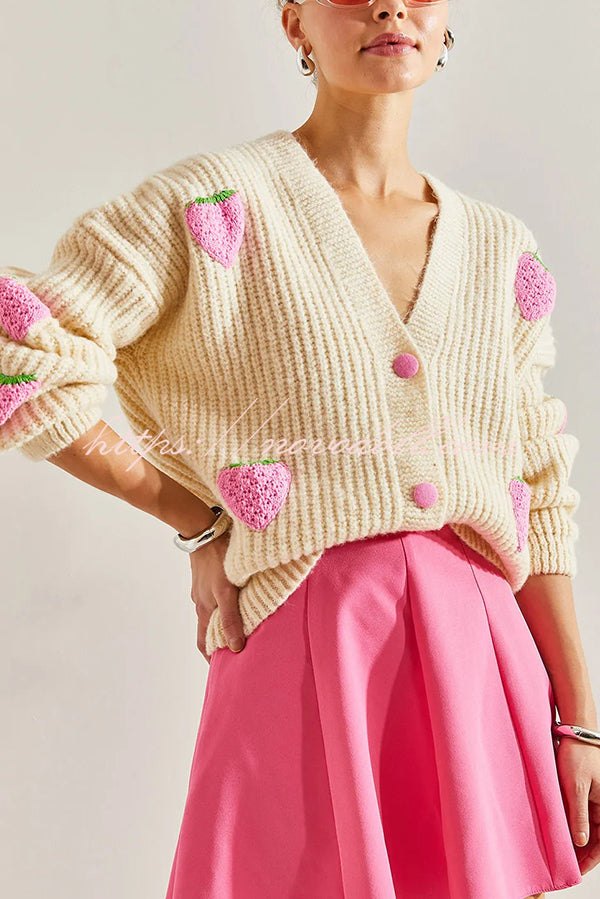and Sweet V-neck Strawberry Embellished Knitted Cardigan