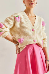 and Sweet V-neck Strawberry Embellished Knitted Cardigan
