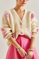 and Sweet V-neck Strawberry Embellished Knitted Cardigan