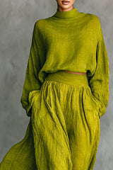Linen Blend Solid Color Loose Long-sleeved Top and High-waisted Casual Pocket Maxi Skirt Set