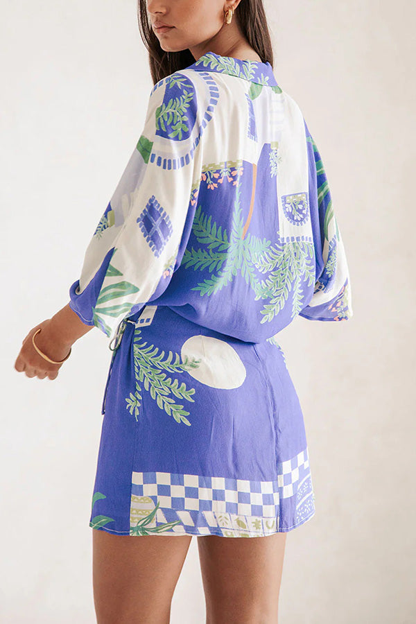 Balmy Nights Unique Print Loose Shirt and Elastic Waist Wrap Lace-up Skirt Set