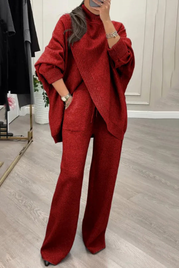 Solid Color Loose-fitting Turtleneck Knit Top and Elastic Waist Casual Pocket Straight Leg Pants