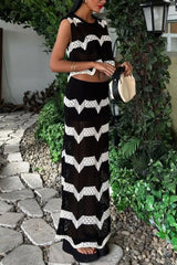 Black and White Color-blocked Sleeveless Cropped Top and Stretchy Knit Maxi Skirt Set