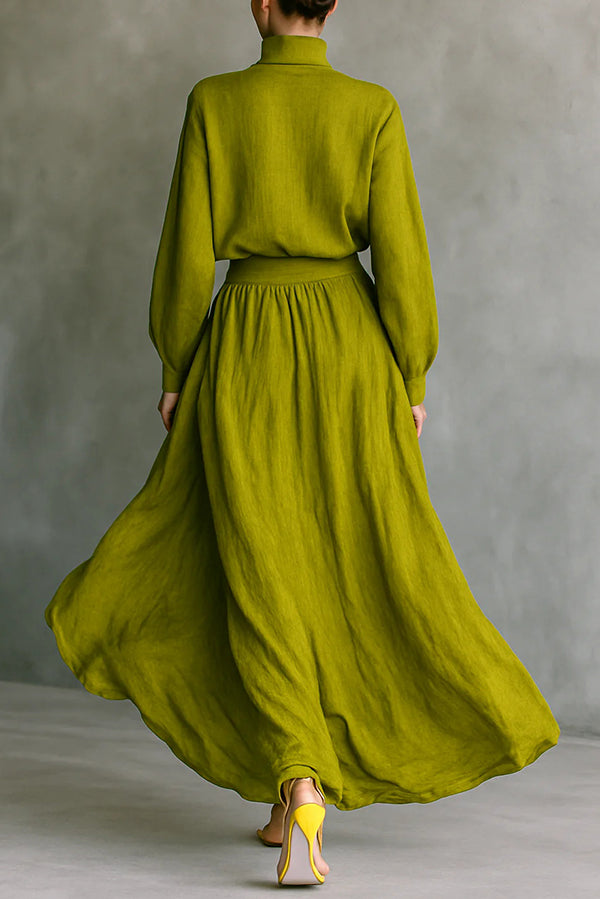 Linen Blend Solid Color Loose Long-sleeved Top and High-waisted Casual Pocket Maxi Skirt Set