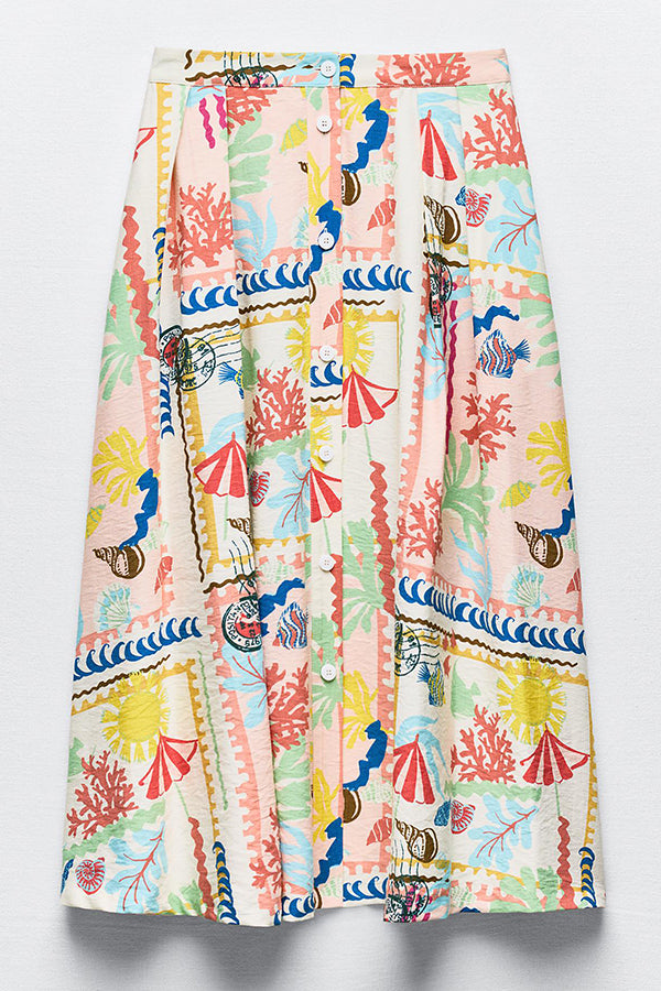 Multicolor Printed V Neck Halter Top and Midi Button-down Skirt Set