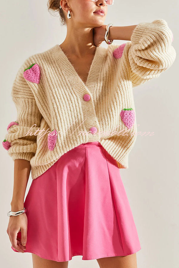 and Sweet V-neck Strawberry Embellished Knitted Cardigan