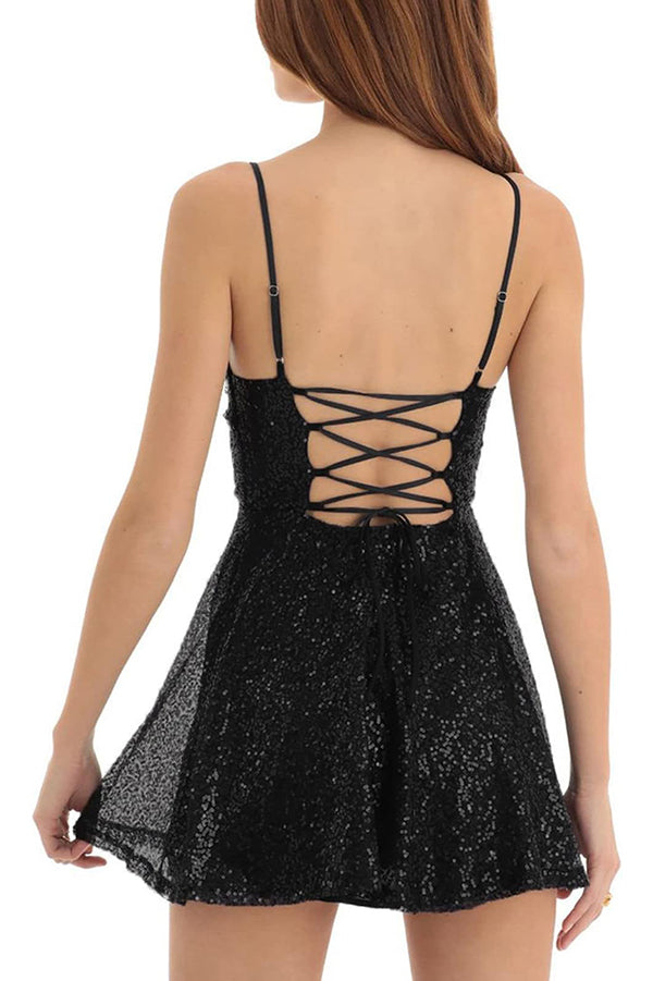 and Sequin Sling Backless Lace-up Mini Dress