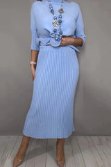 Solid Color Loose-fitting Turtleneck Knit Sweater and Stretchy Elegant Midi Skirt Set