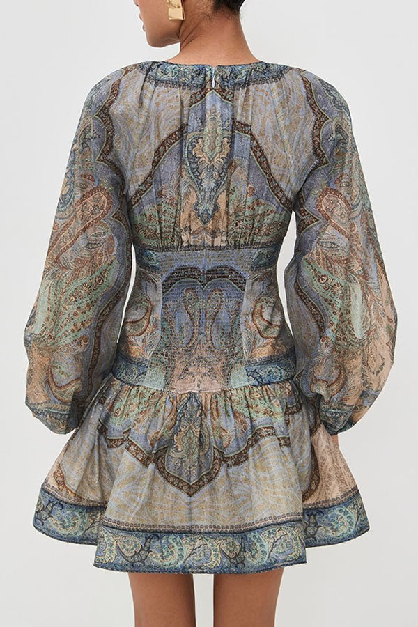 Exotic Style Paisley Print Long Balloon Sleeve Smocked Waist Mini Dress