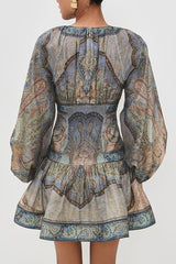 Exotic Style Paisley Print Long Balloon Sleeve Smocked Waist Mini Dress