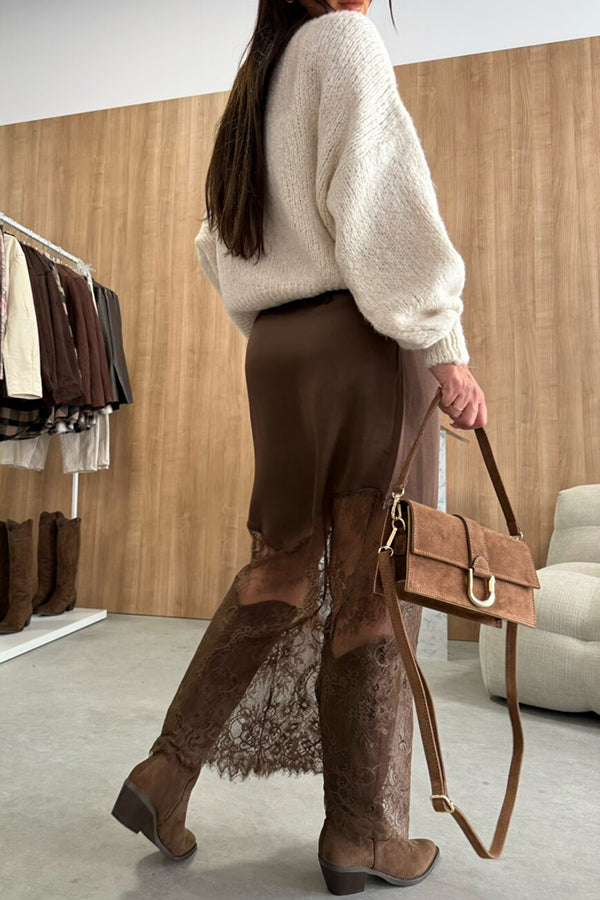 Antara Satin Lace Patchwork High Rise H-line Maxi Skirt