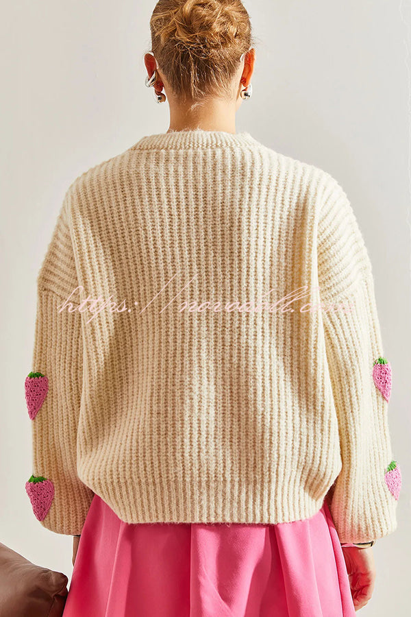 and Sweet V-neck Strawberry Embellished Knitted Cardigan
