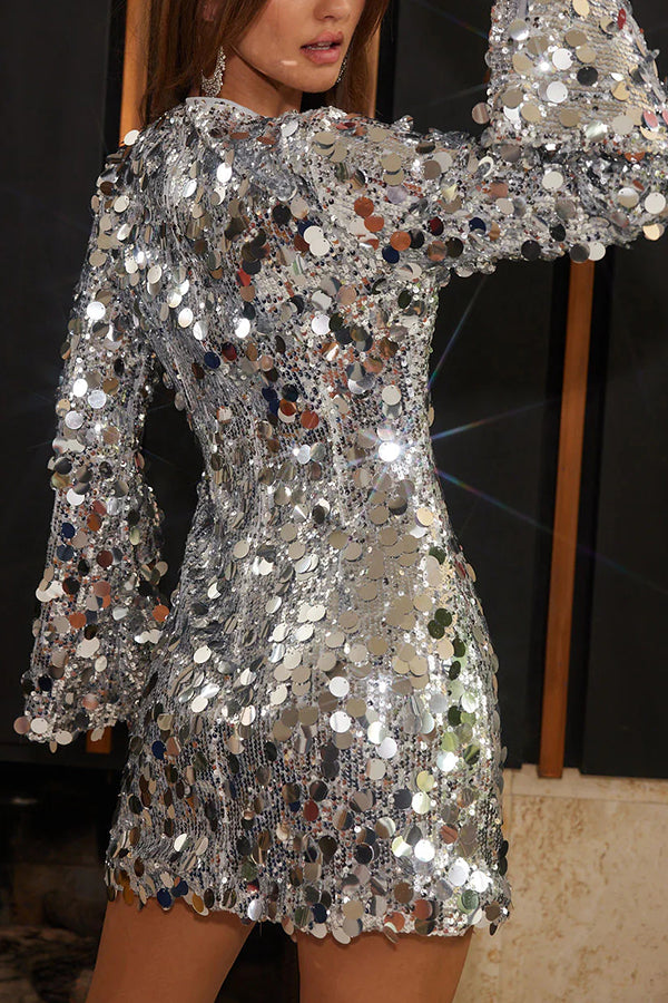and Dazzling Large Sequins Long Bell Sleeve H-line Mini Dress