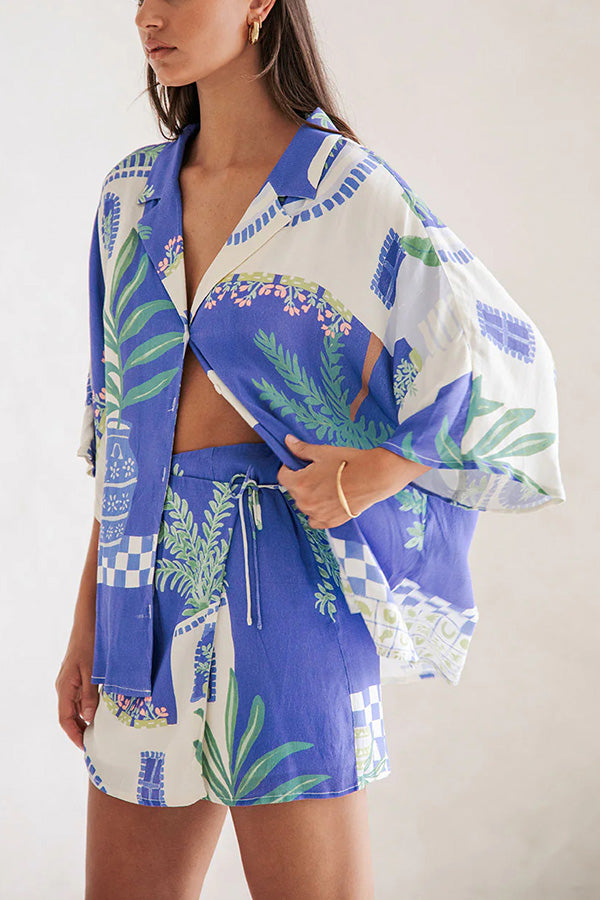 Balmy Nights Unique Print Loose Shirt and Elastic Waist Wrap Lace-up Skirt Set
