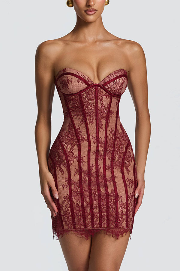 Jaya Floral Lace Contrast Structural Detail Back Lace-up Strapless Slit Maxi Dress