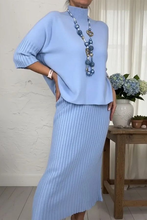 Solid Color Loose-fitting Turtleneck Knit Sweater and Stretchy Elegant Midi Skirt Set