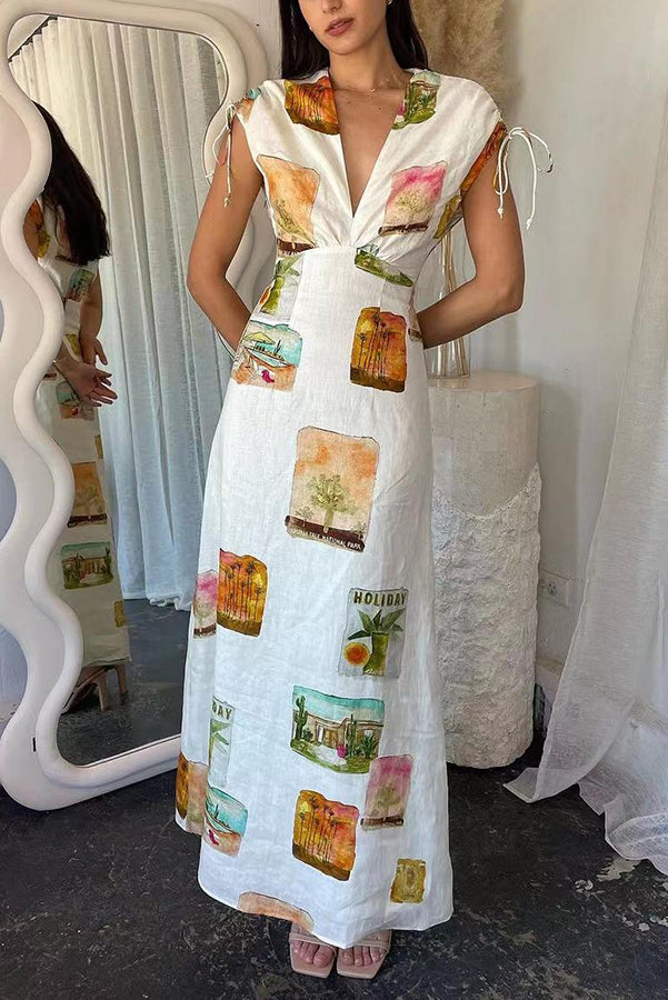 Art Linen Blend Unique Print Drawstring Shoulder Loose Maxi Dress